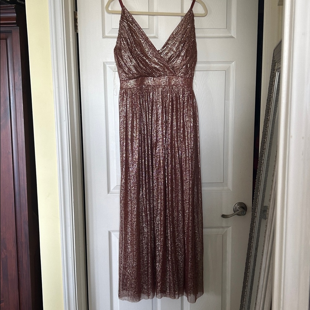 Shimmering metallic bronze/Rose Gold Maxi Dress, empire waist, A-line